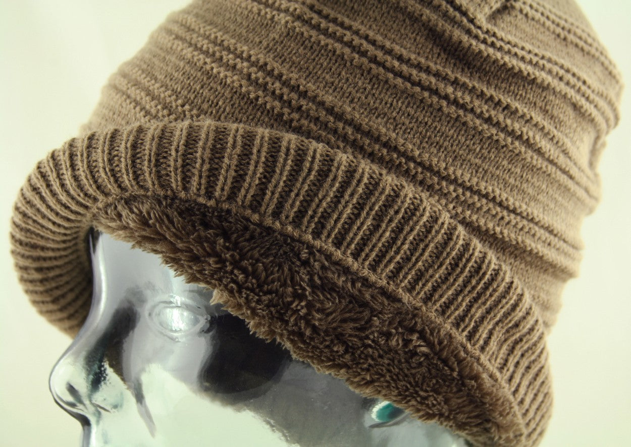Ribbed Knit Beanie Hat Cap Faux Fur Warm Wool Rich Brown