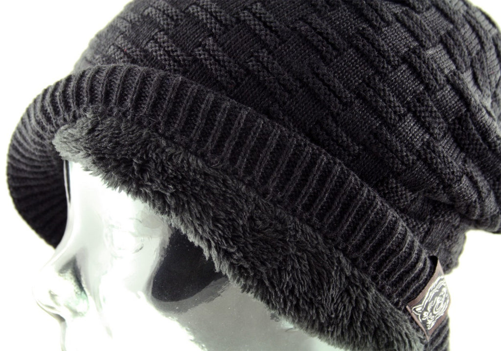 Unisex Slouch Warm Fleece Beanie Hat in Black
