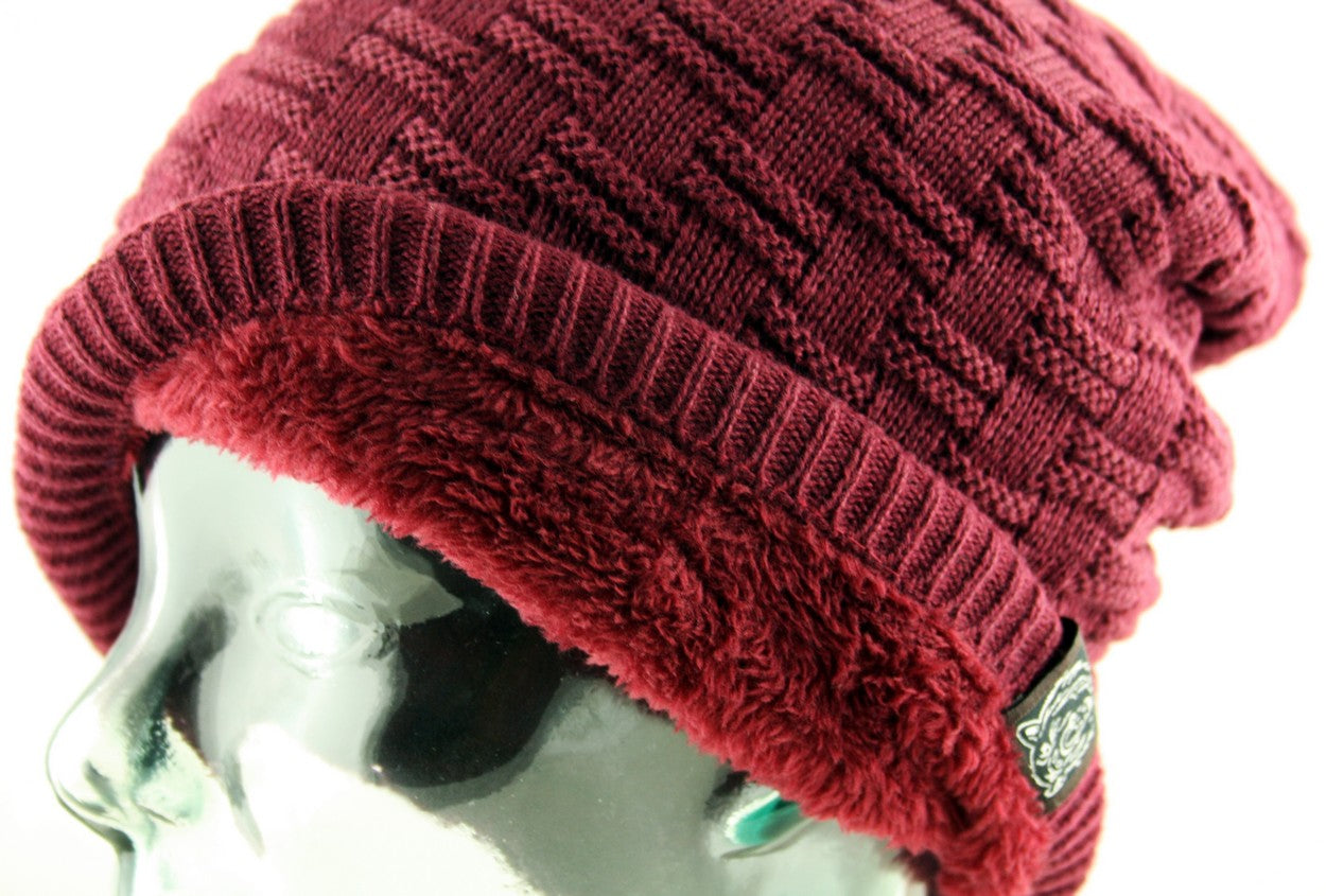 Unisex Slouch Warm Fleece Beanie Hat in Burgundy