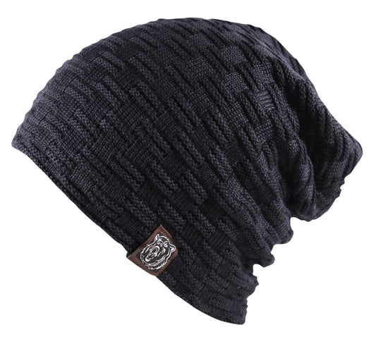 Unisex Cable Knit Textured Slouch Beanie Hat Ski Fleece Lined Wool Blue