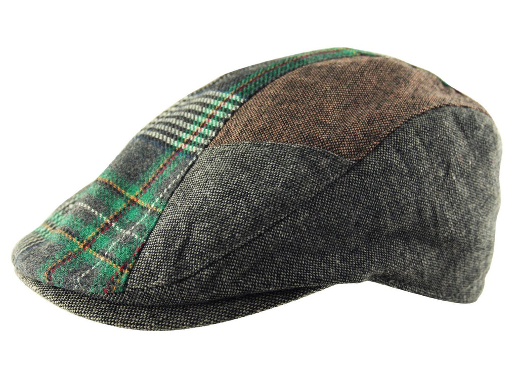 Mens Cotton Check Tweed Houndstooth Flat Cap Golf Baker Boy in Grey and Green