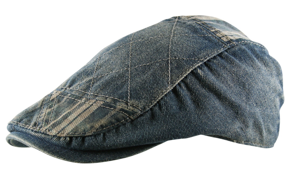 Tweed Diamond Cotton Flat Cap Hat in Washed Denim
