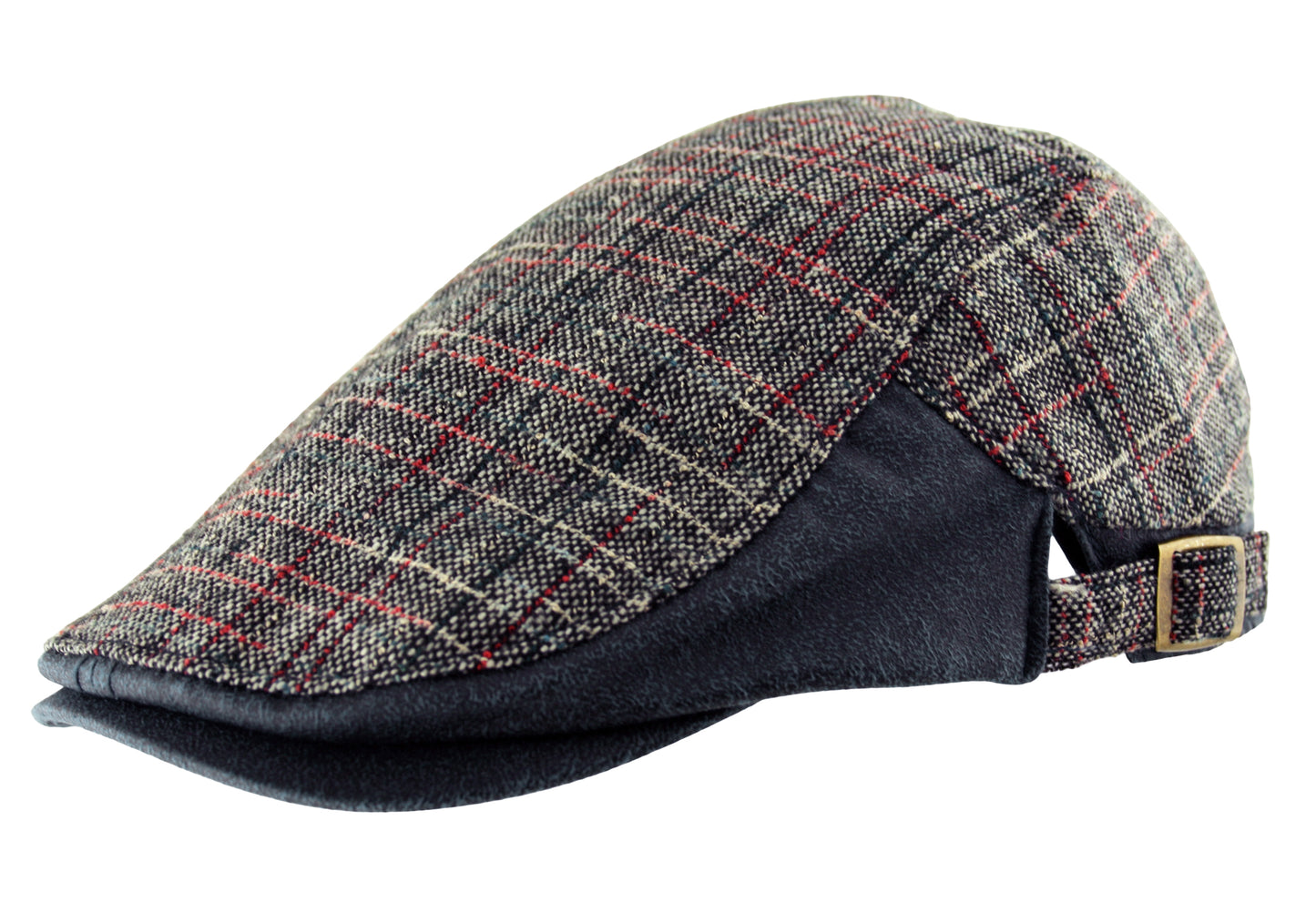 Faux Leather Tweed Check Cotton Newsboy Flat Cap in Navy Blue