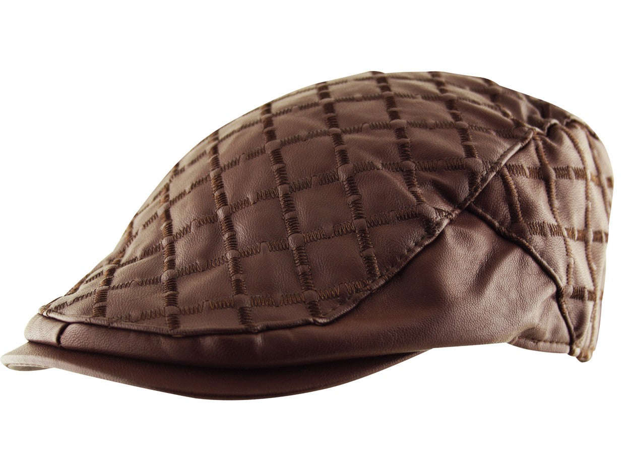 Quilted Faux Leather Check Flat Cap in Brown