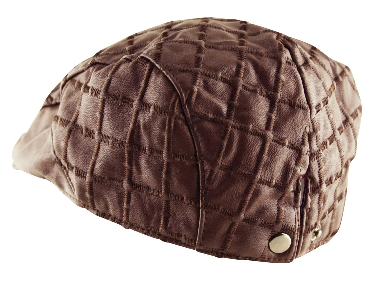 Quilted Faux Leather Check Flat Cap in Brown