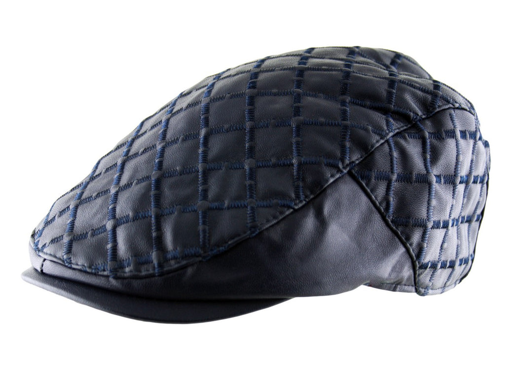 Quilted Diagonal Check Faux Leather Flat Cap Hat in Navy