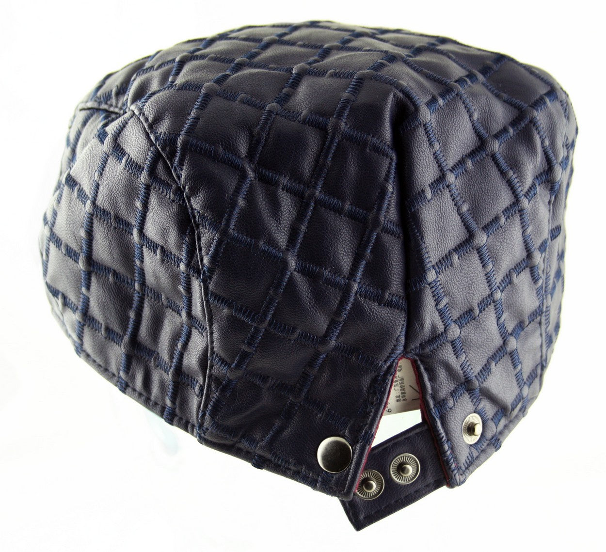 Quilted Diagonal Check Faux Leather Flat Cap Hat in Navy