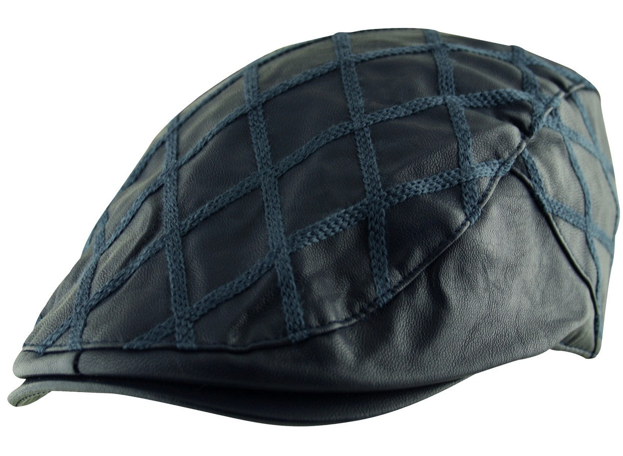 Quilted Diagonal Check Faux Leather Flat Cap in Navy