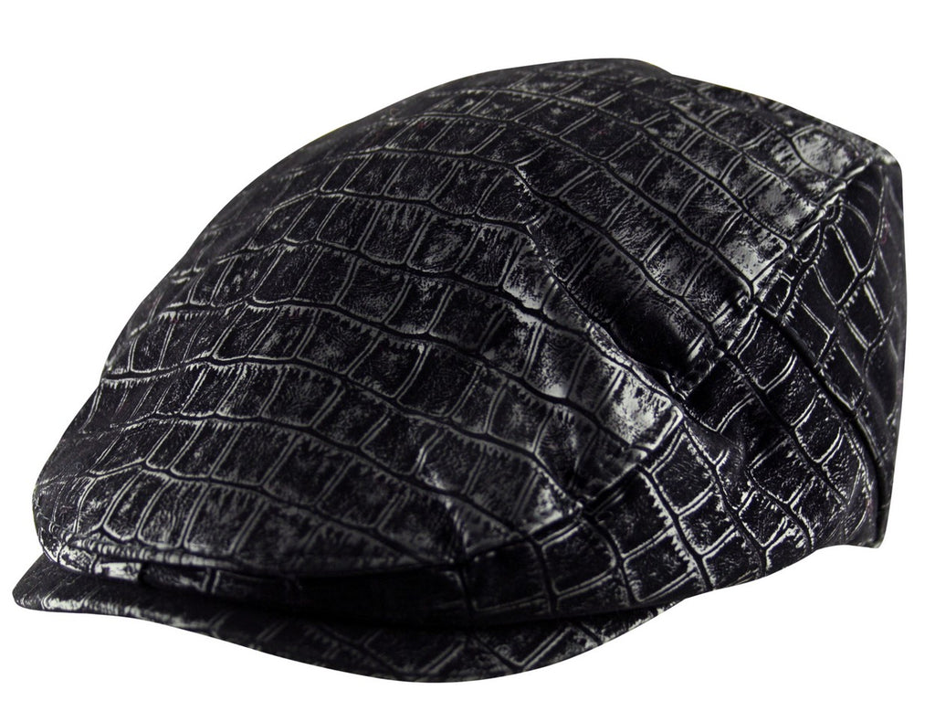 Mosaic Print Faux Leather Flat Cap in Black