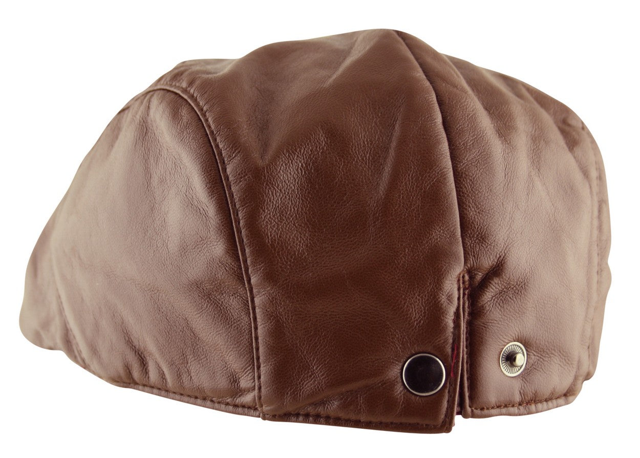 Plain Faux Leather Flat Cap Hat in Brown