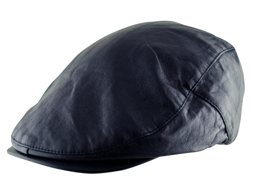 Plain Faux Leather Flat Cap Hat in Navy