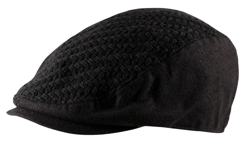 Waffle Knit Wool Flat Cap in Black