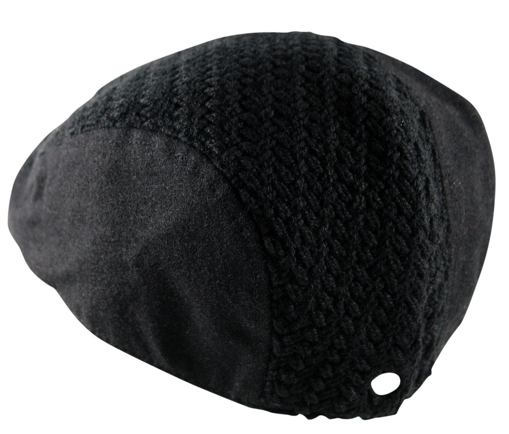 Waffle Knit Wool Flat Cap in Black