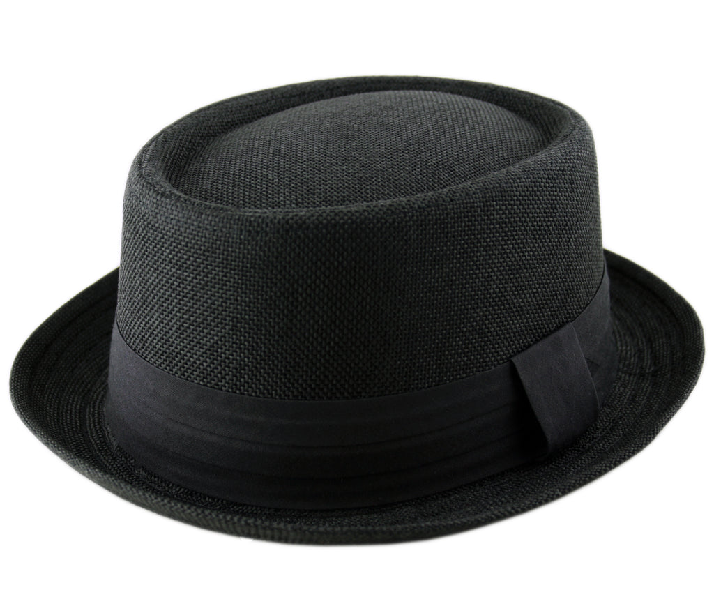 Jute Hessian Pork Pie Hat in Black