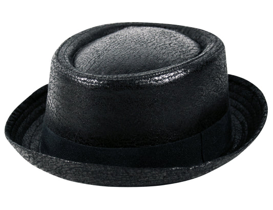 Textured Faux Leather Pork Pie Hat in Black