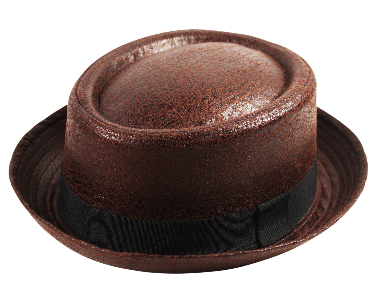 Textured Faux Leather Pork Pie Hat in Dark Brown