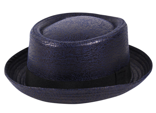 Textured Faux Leather Pork Pie Hat in Navy Blue