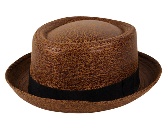 Textured Faux Leather Pork Pie Hat in Tan Brown