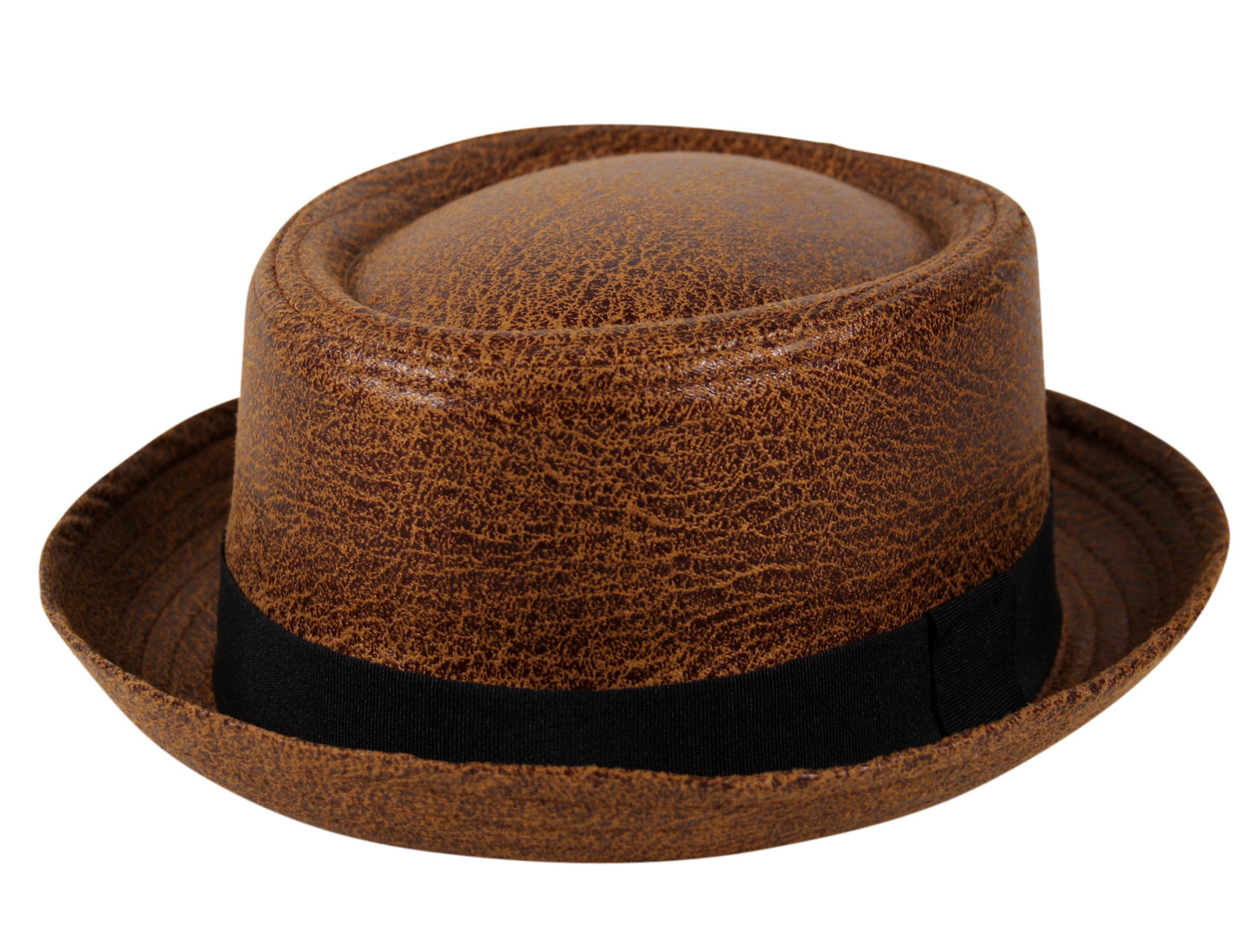 Textured Faux Leather Pork Pie Hat in Tan Brown