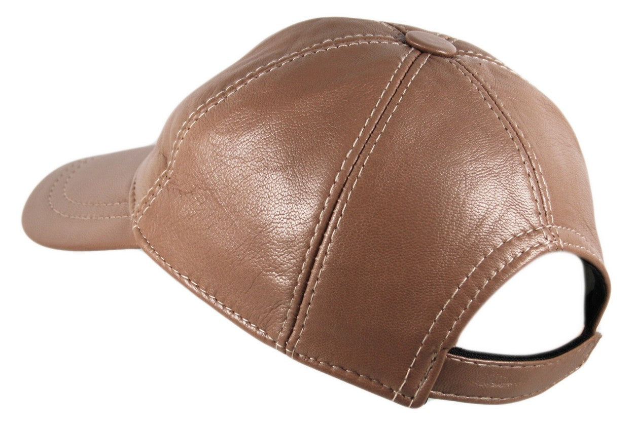 Genuine Leather Precurved Baseball Cap in Taupe